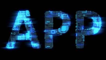 bokeh glitch electrical light cybernetical blue text APP, isolated - object 3D illustration