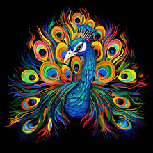 Peacock. Abstract, Neon, Multi-colored Portrait Of A Peacock On A Dark Background. Generative AI