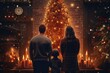  a family looking at a christmas tree in front of a fireplace. generative ai