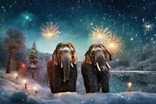  Two Elephants Standing In The Snow With Fireworks In The Background.  Generative Ai