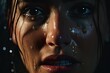  a close up of a woman with tears on her face.  generative ai