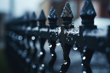 Poster -  a close up of a black fence with water droplets on it.  generative ai