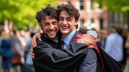 Wall Mural - Happy smiling graduate hugs his parent after the graduation ceremony.