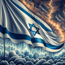 Israel' Flag Made Of Highly Detailed Thunderstorms, Thin Glowing Light Of Blue And White And Cyan Colors. Generative AI