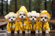 Four maltese puppies in yellow slickers, maltese dogs, Cute adorable Maltese dogs in yellow rain jacket,ai generated