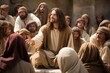 Jesus Christus lehrt und unterrichtet sein Volk und Jünger im Tempel, mit einer Menschenmenge von Zuhörern 