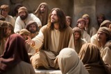 Fototapeta  - Jesus Christus lehrt und unterrichtet sein Volk und Jünger im Tempel, mit einer Menschenmenge von Zuhörern 