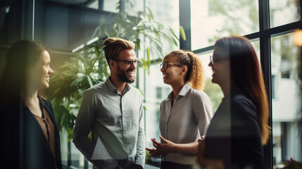 Wall Mural - A diverse group of coworkers in a casual discussion by a window, multicultural business people, with copy space, blurred background