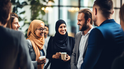 Wall Mural - A diverse group of coworkers engaged in a lively discussion, multicultural business people, with copy space, blurred background