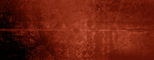 Grunge Red Rusty On Metal Wall Background Texture Used As Banner Panorama. Steel Metal Grunge Texture With Rusty Fancy Used For Background. Red Rust Surface. Negative Space. Burnt Steel.