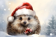 Winter Bliss, Cheerful Hedgehog In A Santa Claus Hat In A Snowy Wonderland