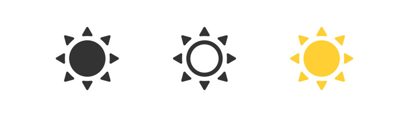 Wall Mural - Yellow sun with rays icon. Summer symbol. Hot sunny weather, heat, brightness. Outline, flat and colored style icon for web design. Vector illustration.