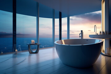 Modern contemporary loft-style bathroom with sea-style nature view