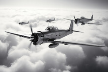 Various Bombers. Muted Noir Noire Black And White Cloudscape With WWII Airplanes In Flight. Bombers Attacking. In Flight. Eastern Asia, Midway, Guadalcanal, Western Europe. Old War Photography. Sepia