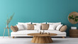 Modern living room white sofa with teal wall, Stylish interior couch and table with neutral colors | Generative AI