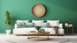 Boho chic living room white sofa with jade green wall, Stylish interior couch and table | Generative AI
