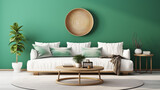 Fototapeta Konie - Boho chic living room white sofa with jade green wall, Stylish interior couch and table | Generative AI