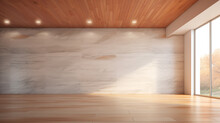 Modern Empty Room With Wood Ceiling And Marble Accent Wall, Brightly Lit Interior With Natural Light | Generative AI
