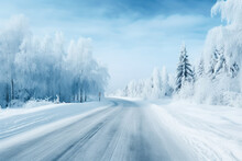 Winter road covered with snow and ice in a forest