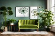 © Mujtaba  - living room interior where a green armchair takes center stage, nestled between a vibrant dandelion and a lush plant.