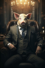 Portrait of a Successful Business Pig Businessman with Suit and Tie building Wealth Money Fortune