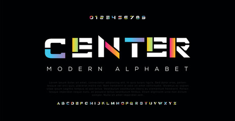 Wall Mural - Center Modern abstract digital alphabet font. Minimal technology typography, creative urban sports fashion futuristic type and with numbers. vector illustration