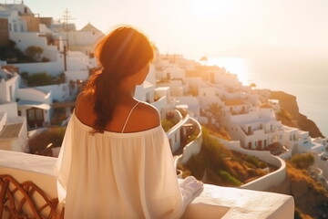 Beautiful young woman with curly hair in summer vacation walk on greek island Santorini