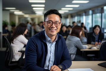 Wall Mural - Ofiice with smiling confident asian businessman