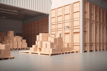  Concept of warehouse, shipment, transportation, and delivery with boxes on pallets in a retail store building. Generative AI