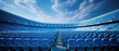 blue tribunes. seats of tribune on sport stadium. empty outdoor arena. concept of fans. chairs for audience. cultural environment concept. color and symmetry