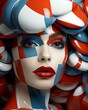 A vibrant and eccentric cartoon woman adorned with bold red and blue makeup and sporting striking white and blue striped hair evokes a sense of playfulness and artistic expression