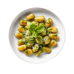 Wall Mural - plate of gnocchi with pesto top view isolated on white background, ai generated