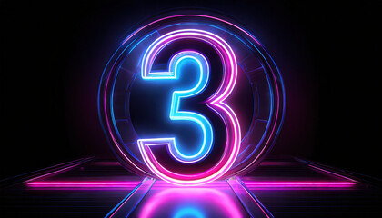 Canvas Print - d render, number three glowing in the dark, pink blue neon light