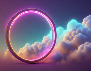 d render, abstract geometric background, ring shape glows with neon light inside the soft colorful cloud, fantasy sky with blank linear round frame