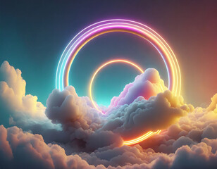 Sticker - d render, abstract geometric background, ring shape glows with neon light inside the soft colorful cloud, fantasy sky with blank linear round frame