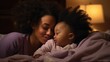 Caring Embrace - Tender Moment as Black Mom Kisses Her Baby. Emotional Connection and Joyful Cuddles in the Comfort of Home