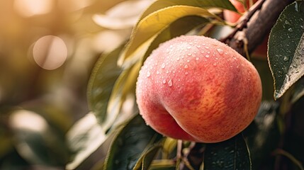  two peaches hanging from a tree with water droplets on them.  generative ai