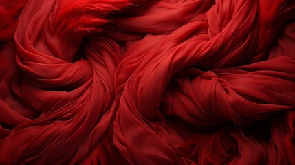 Wall Mural - A fiery red fabric adorned with delicate feathers evokes a sense of untamed passion and fierce elegance
