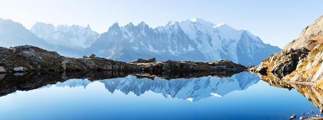 Wall Mural - Panorama of Chesery lake (Lac De Cheserys) in France Alps. Monte Bianco mountains range on background. Landscape photography, Chamonix