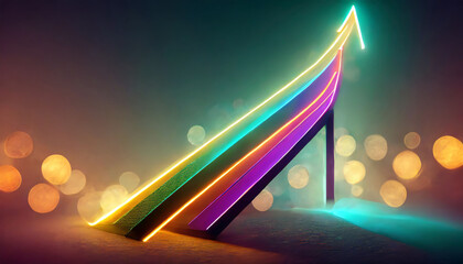 Sticker - d render, abstract neon arrow ascending. Technological success concept. Glowing colorful lines and bokeh lights