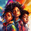 young afro-american kids  in front of colorful graffiti wall, urban children, black history month concept