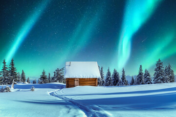 Wall Mural - a picturesque winter tableau showcasing a wooden cottage and snow-covered conifers in the mountains.