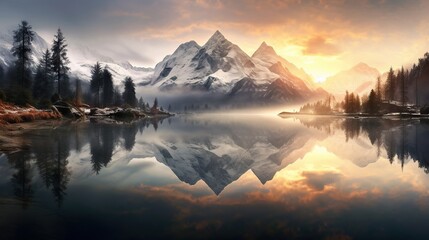 Wall Mural -  a mountain range is reflected in the still water of a lake.  generative ai