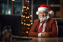 Old Man In Business Suit And Santa Hat At Office, Christmas Tree On Background