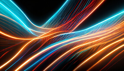 Wall Mural - d render. Abstract neon wallpaper. Glowing dynamic lines over black background. Light drawing trajectory