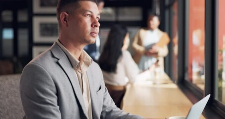 Business man, thinking on laptop and workspace for stock market research, financial report or solution. Professional trader or employee ideas, inspiration and decision on computer in coworking office