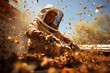 Beekeeper working in apiary. Blurred background with bees. ia generated
