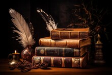 A Stack Of Vintage Leather-bound Books Beside A Quill And Inkwell