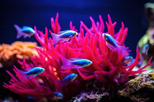 A school of neon tetras swimming among vibrant coral in an underwater cave