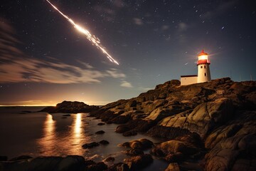 Wall Mural - meteor shower captured over an isolated lighthouse